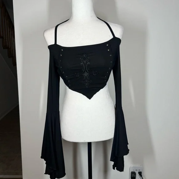 OOAK Katakomb bell sleeve mediaeval cross crop top - Picture 3 of 4